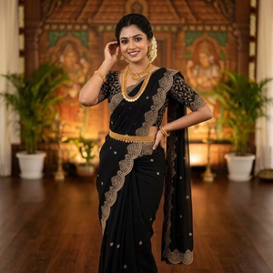 Sari en Georgette de créateur pour tenue de fête, orné de broderies Zari et de découpes, avec chemisier, pour un port quotidien confortable, tenue ethnique - Product Image 1