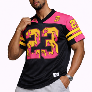 เสื้อฟุตบอลอเมริกันแบบตาข่ายสั่งทำได้ MOQ ต่ำ สีชมพูเปลวไฟ หมายเลข 23 พิมพ์ลายแบบ Sublimation ระบายอากาศได้ดี ชุดทีม OEM ผู้ผลิตขายส่ง - Product Image 3