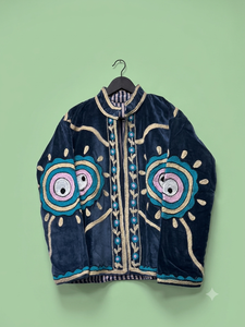 Blue <b>Velvet</b> Embroidered Breathable Reversible Jacket for <b>Women</b> Stand Collar Full Sleeve Woven Outerwear Vintage Boho Winter <b>Coat</b> - Product Image 3