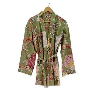 Bata de mujer clásica de algodón de 250g, manga larga, con estampado digital floral, textura gofrada, con cordón, suave, de talle alto, hasta la rodilla, para verano - Product Image 1