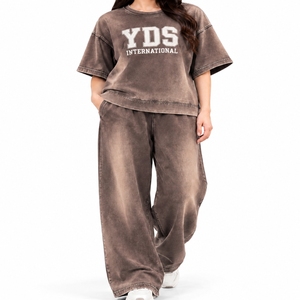 Ensemble de t-shirts pour femmes, manches courtes, coton lavé, surdimensionné, ensemble 2 pièces, manches courtes, col rond, coupe ample, décontracté, toutes saisons - Product Image 1