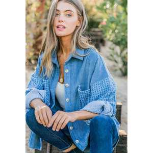 เสื้อเชิ๊ตแขนยาวผ้าลูกฟูกสำหรับผู้หญิงเนื้อผ้าคอนทราสต์แบบมีกระดุม - Product Image 2