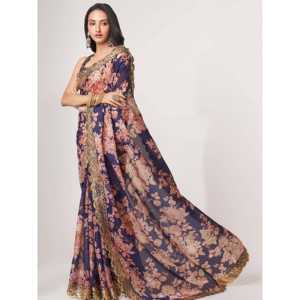 Lovely <b>Purple</b> Floral Print Organza Party Wear <b>Saree</b> With Blouse - Product Image 6