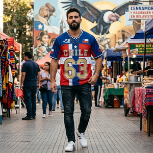 Maillot de football du Chili unisexe blanc, rouge, bleu en coton/fibre de bambou, maille respirante, manches courtes, col en V, imprimé par sublimation, coupe classique - Product Image 2