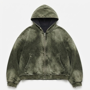 Sudadera con capucha para hombre, verde oliva, con cremallera, efecto desgastado, de algodón y forro polar, con bolsillos tipo canguro, estilo urbano oversize - Product Image 6