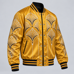 Chaqueta Bomber de Satén con Pedrería de Diseñador, Chaqueta de Moda con Patrón de Estrellas de Cristal Brillante de Lujo para Fiestas Nocturnas y Estilo Moderno - Product Image 2
