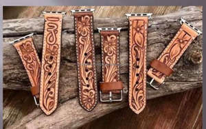 Correas de reloj de cuero genuino hechas a mano, diseños florales occidentales personalizados con herramientas y diseños pintados, correas de reloj de repuesto Boho Chic - Product Image 2