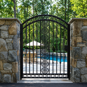 Black Wrought Iron <b>Pool</b> Gate Decorative Arched Pedestrian Gate with Geometric Medallion for Garden Villa Security - Product Image 3