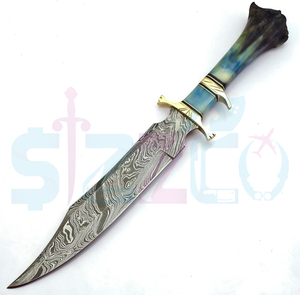 Couteau Bowie en acier Damas fait main sur mesure avec manche en os de chameau coloré et étui en cuir, idéal pour la chasse, le camping, cadeau OEM idéal pour lui - Product Image 5