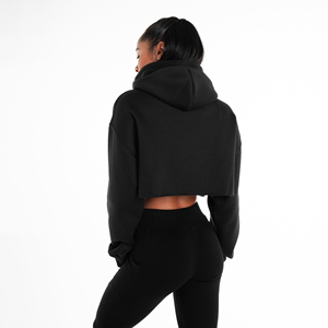 Sweat-shirt à capuche court noir pour femme, couleur unie, décontracté, à manches longues, tricoté, respirant, pour l'automne - Product Image 2
