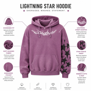 Felpa con Cappuccio Oversize Unisex in Felpa Pesante con Stampa Serigrafica Vintage Lavata, Colore Dusty Mauve, con Grafica a Stella Fulmine, Stile Streetwear - Product Image 5