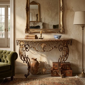 Mesa Consola de Pared de Estilo Europeo, Fabricada a Mano en Hierro Forjado, con Tapa Flotante de Mármol, de Lujo, para Interiores - Product Image 4