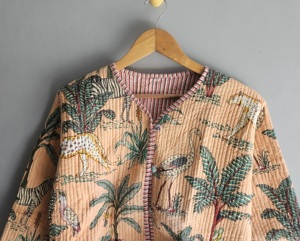Veste matelassée pour femme, imprimé animal, coton tissé, manches trois quarts, col rond, poche plaquée, style été, cadeau pour elle - Product Image 4