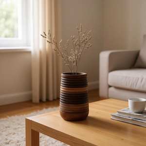 Vase en bois d'acacia côtelé fait main, décoration rustique minimaliste - Product Image 2
