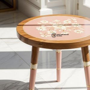 Luxury Handcrafted Minakari Wooden Accent <b>Table</b> Vibrant & Floral Inlay <b>Stool</b> Premium Tapered Leg Pedestal <b>with</b> Gold Accents - Product Image 3