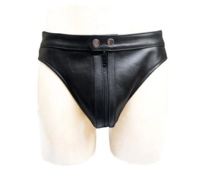 Premium Genuine Leather <b>Men's</b> Black Leather <b>Thong</b> Briefs Low-Rise Seamless Solid Color Woven Fabric Style - Product Image 3