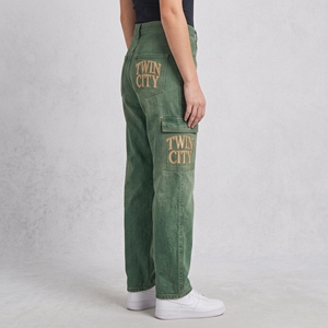 Women's <b>High</b> <b>Waist</b> <b>Cargo</b> Jeans Green Denim Loose Fit Vintage Utility Style Full Length Stonewashed With Letter Pockets - Product Image 4