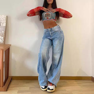 กางเกงยีนส์เดนิมเอวสูงทรงขาตรงสำหรับใส่ลำลอง - Product Image 2