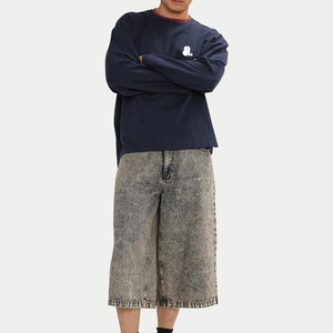 T-shirt décontracté pour homme en jersey de coton bleu marine à manches longues et col rond, avec logo lettre imprimé à l'avant, respirant, tissu 160g, sérigraphié - Product Image 1