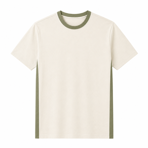 Camiseta de Algodón Crema Personalizada con Panel Lateral Verde Oliva en Contraste, Cuello Redondo, Manga Corta, Top Informal para Hombre - Product Image 1