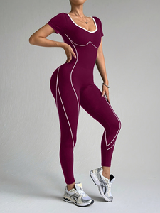 Burgundy Seamless Yoga Jumpsuit White Contrast Stripe Mid Waist Sleeveless Full Length Polyester/Nylon Solid Breathable - Product Image 6