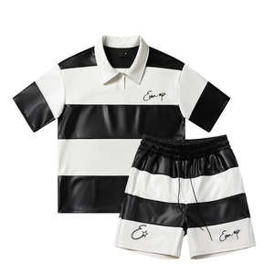 Ensemble short et chemise décontractée pour homme à manches courtes, col rond, en polaire respirante, motif uni, brodé, idéal pour l'été - Product Image 1