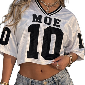 Venta al por Mayor de Camisetas de Fútbol Americano para Mujer, Estilo Oversize y Corto, con Malla, Cuello en V, Impresión de Número, Ropa Urbana, Fabricación de Prendas con Logotipo Personalizado - Product Image 2