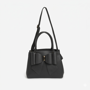Royaa Black Bow Top Handle Satchel <b>Handbag</b> Genuine Leather Adjustable Strap <b>Small</b> Zipper Closure Letter Decoration Portable - Product Image 1