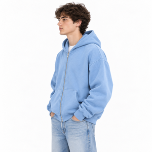 Sweat à capuche zippé pour homme en molleton bouclette avec poche kangourou, épaules tombantes, impression DTG, design personnalisé, OEM ODM, faible MOQ - Product Image 2