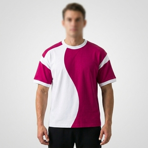 T-shirt décontracté pour homme à manches courtes, col rond, tricoté, coupe classique, respirant, design uni blanc et magenta, color-block - Product Image 2