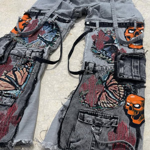 EXITO INTL <b>Men's</b> Lightweight Worsted Cargo Pants Butterfly Skull Prints Ripped Edges Street Style Baggy Spandex/Cotton - Product Image 2