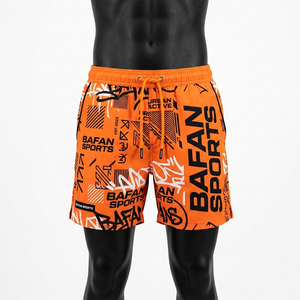 กางเกงว่ายน้ำผู้ชายพรีเมียม 130 GSM แห้งเร็ว ผลิตจากโพลีเอสเตอร์ สีส้มสดใส พิมพ์ลายแบบ Sublimation ทั้งตัว พร้อมโลโก้สั่งทำพิเศษ สำหรับใส่ไปชายหาด - Product Image 2