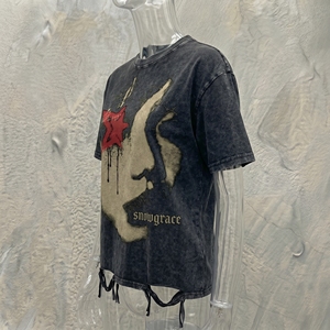 Snowgrace Men's Oversized T-Shirt Short Sleeve Washed Cotton High Street Style Printed O-Neck Design with Solid - Product Image 6