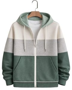 Sweat à capuche zippé personnalisé pour homme, vert sauge et gris, en molleton de coton, style streetwear décontracté, veste d'hiver, fabrication sur mesure - Product Image 1