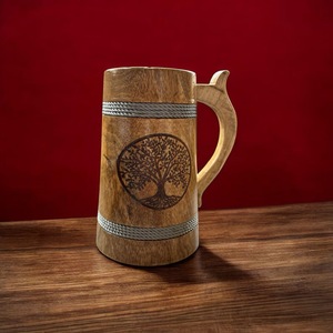 Eco-Friendly Polished Wooden Viking <b>Mug</b> with Hand Carved Engraving and Animal Design-Valentine's Day & Halloween Gift - Product Image 1