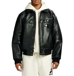 Avirex Fahion <b>Men's</b> Black <b>Leather</b> Bomber <b>Jacket</b> Embossed Logo Patch Design Turn-down Collar Regular Fit Moto Style - Product Image 5
