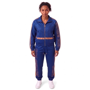 Survêtements vintage en nylon pour femmes, bleu marine et gris, avec bordure contrastée, coupe-vent zippé, pantalon assorti, ensemble de sport féminin. - Product Image 3