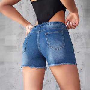 Shorts en jean taille haute déchirés avec cordon de serrage, ourlet effiloché et détails déchirés, style décontracté pour femme - Product Image 4