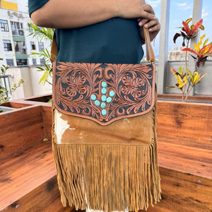 Bolso cruzado hecho a mano con flecos de piedra turquesa de cactus de cuero genuino occidental para mujer - Product Image 3