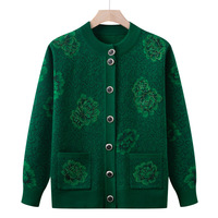 Herbst/Winter Blumenstickerei Atmungsaktives Gestricktes Vintage-Hemd/Bluse Damen-Strickjacke 100% Polyester Dick Rundhals-Ausschnitt