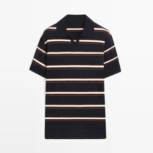 Chemise décontractée à manches courtes pour homme en polyester/coton tricoté, respirant, lavé, teint en fil, coloris marine, blanc, marron - Product Image 1