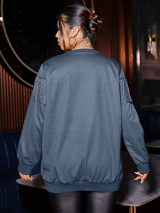 Teal Oversized Sweatshirt with <b>Rhinestone</b> Fringe Detail Western-Inspired Pullover Long Sleeve Embellished Streetwear Apparel - Product Image 2