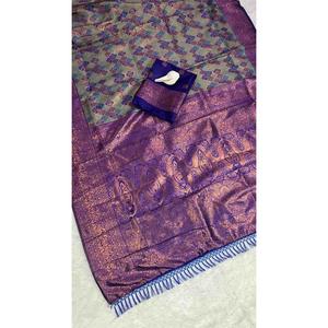 DISEÑADOR KANJIVARAM SEDA COBRE Y ORO ZARI TEJIDO TRABAJO SAREE CON PISTA DESCOSTADA - Product Image 5