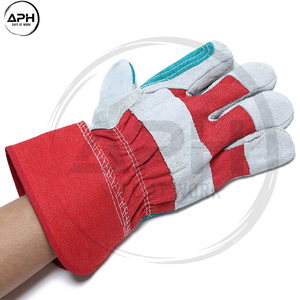 Gants de travail en cuir croûte avec manchette en toile rouge, paume renforcée, pouce à double couture, robustes pour la manutention industrielle - Product Image 2