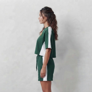 Conjunto de 2 Piezas para Mujer, Top Corto y Pantalones Cortos, 100% Algodón, Color Sólido, Bordado Vintage, Hombros Caídos, Estilo Oversize, Gran Venta - Product Image 3