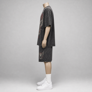 Mens Casual <b>Knitted</b> Acid Wash Oversized T-Shirt and Shorts <b>Set</b> Eagle Screen Print Loose Fit American Streetwear Two-Piece Outfit - Product Image 2