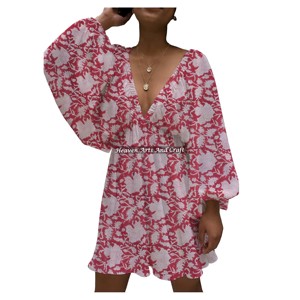 Nuevo Vestido de Noche Sexy de Algodón de Alta Calidad con Cuello en V, Estampado a Mano, Cuello en V Profundo, Estilo Linterna, Casual y Sexy, de Longitud Media - Product Image 1