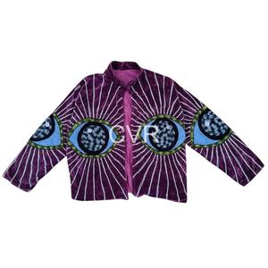Haut bohème pour femme grande taille, imprimé yeux violets, manches longues, col rond, broderie main, en coton, décontracté, pour le printemps - Product Image 1