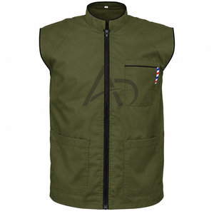 Chemise sans manches professionnelle pour barbier avec logo personnalisé, veste de travail pour hommes, vert armée, avec deux poches à outils et fermeture éclair unidirectionnelle - Product Image 1