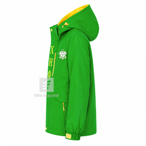 Veste coupe-vent et imperméable personnalisée Chi Eta Phi Sorority, verte et jaune, en polyester, manches longues, fermeture éclair sur le devant, logo brodé - Product Image 4